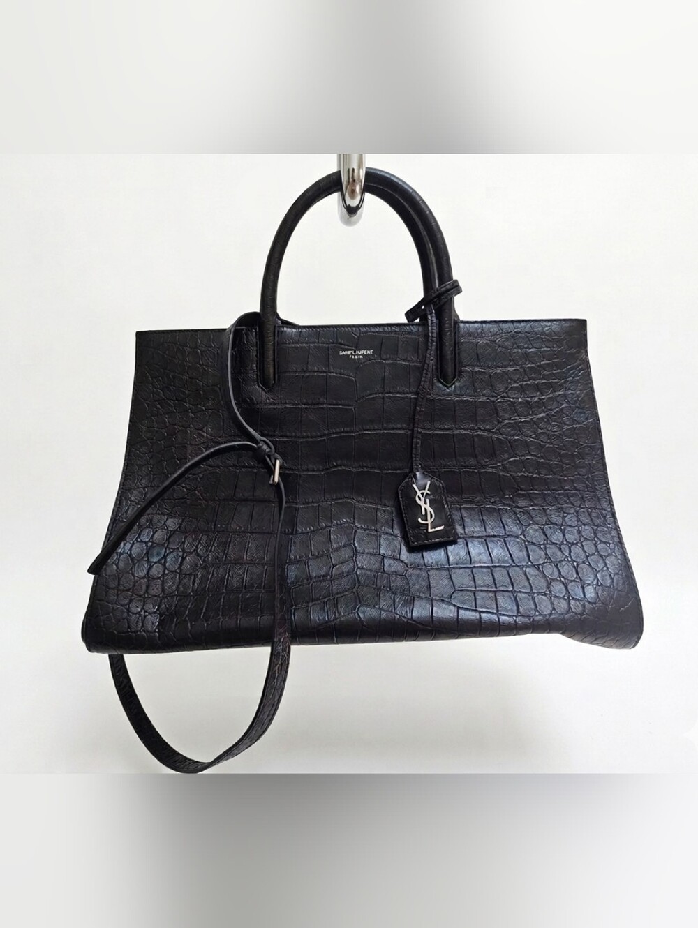 Saint Laurent Black Cabas Rive Gauche Medium Bag eith Croc Embossed Leather